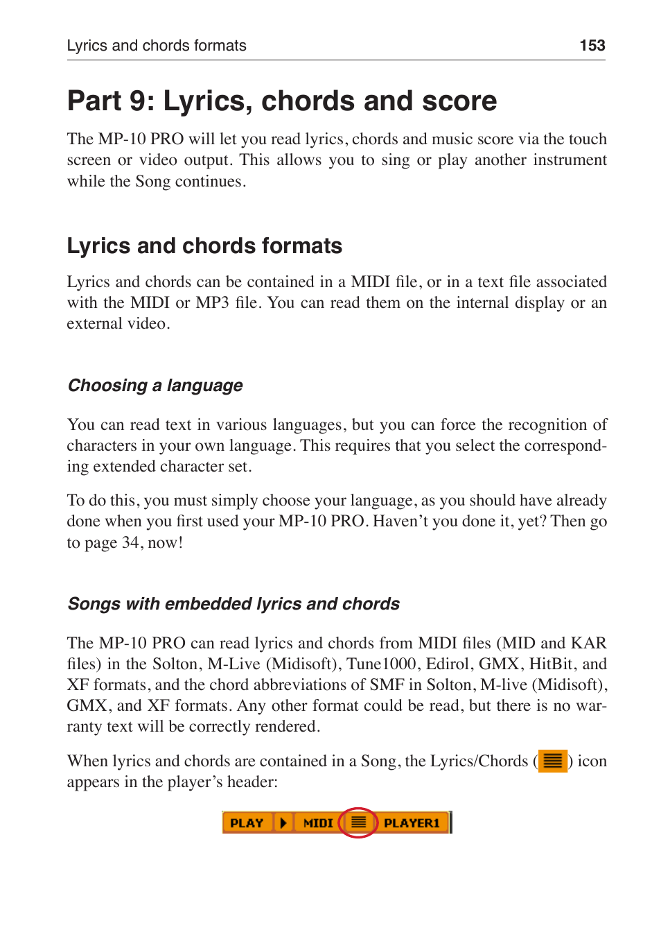 Part 9: lyrics, chords and score, Lyrics and chords formats | KORG MP-10 PRO User Manual | Page 157 / 252