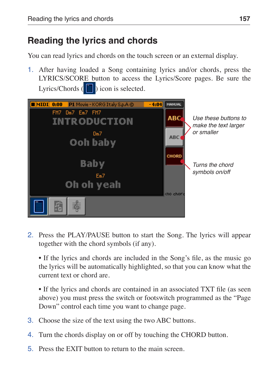 Reading the lyrics and chords | KORG MP-10 PRO User Manual | Page 161 / 252