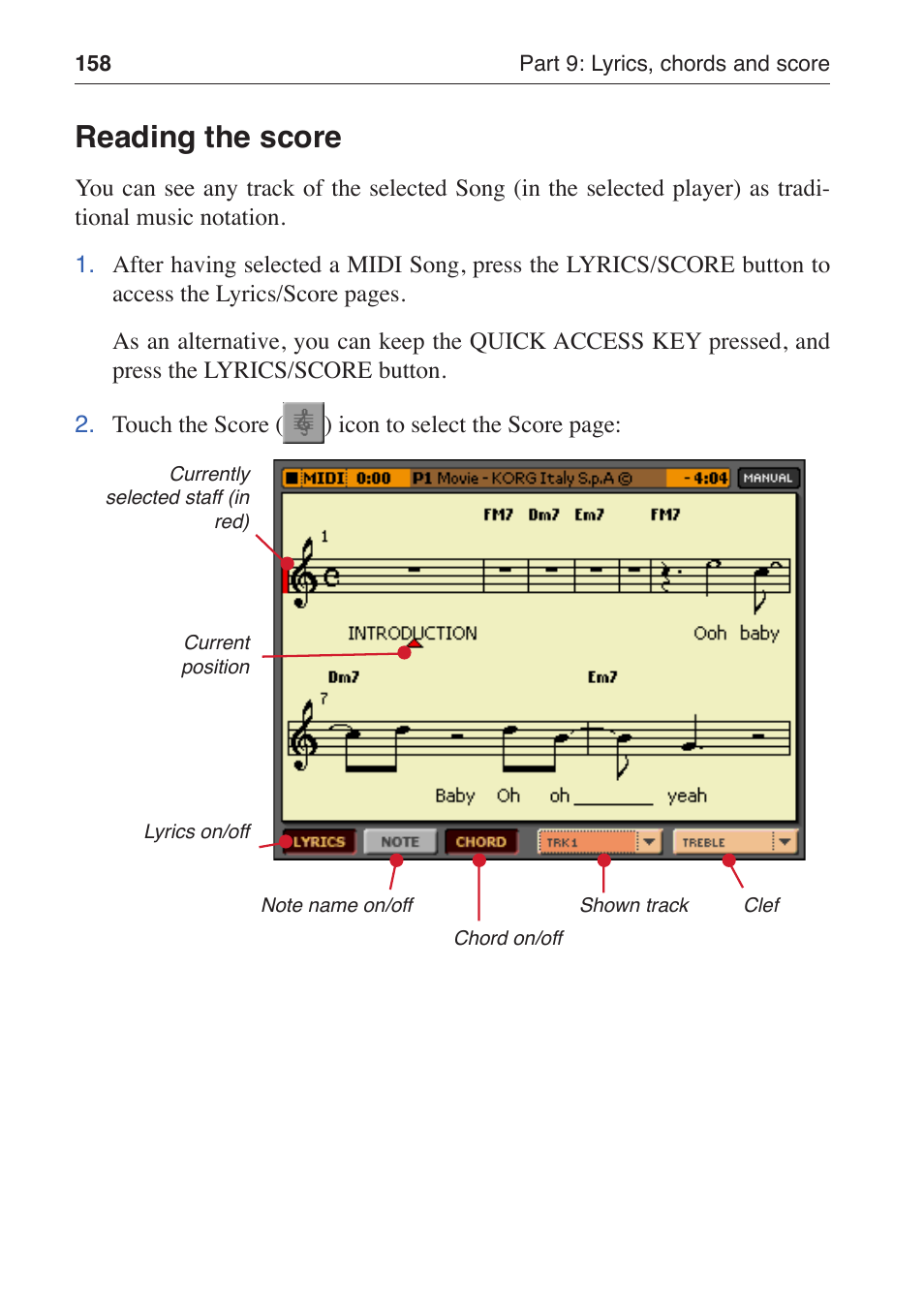 Reading the score | KORG MP-10 PRO User Manual | Page 162 / 252