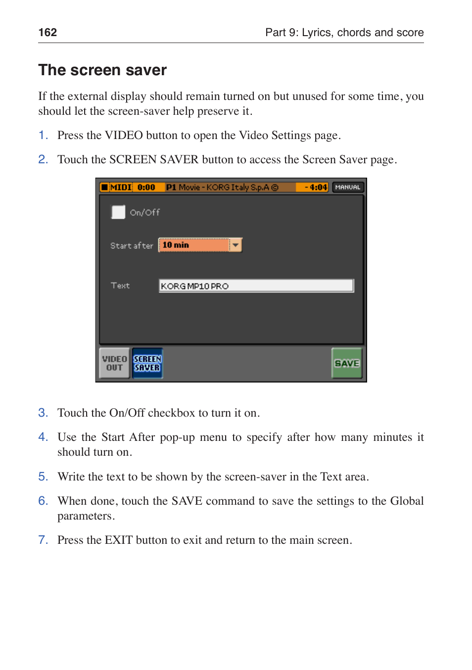 The screen saver | KORG MP-10 PRO User Manual | Page 166 / 252