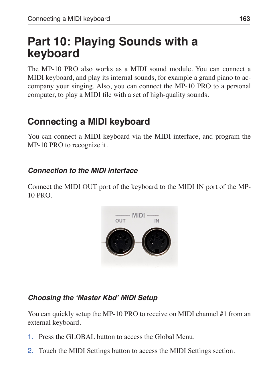 Part 10: playing sounds with a keyboard, Connecting a midi keyboard | KORG MP-10 PRO User Manual | Page 167 / 252
