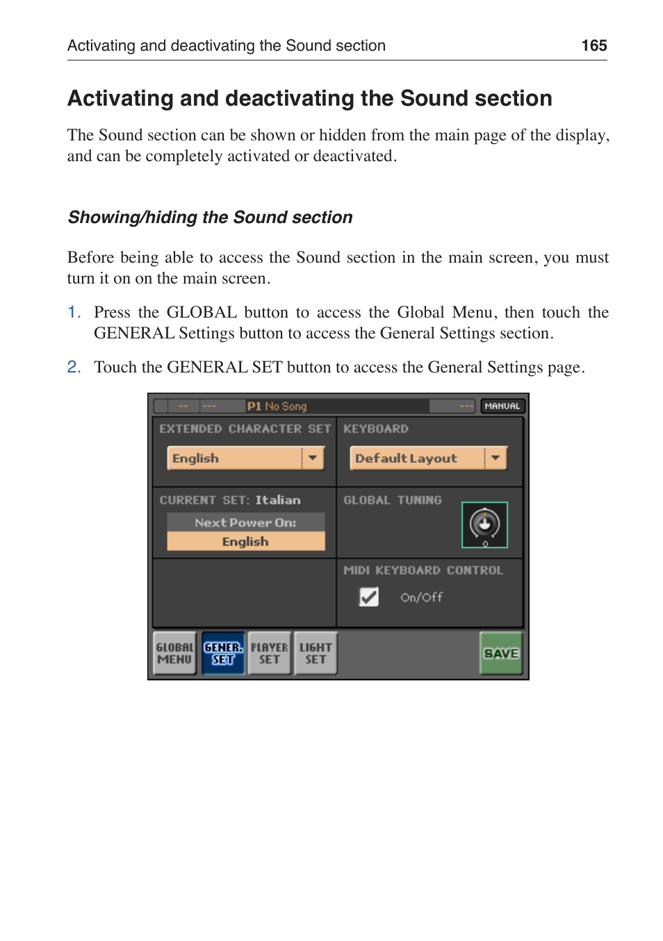 Activating and deactivating the sound section | KORG MP-10 PRO User Manual | Page 169 / 252