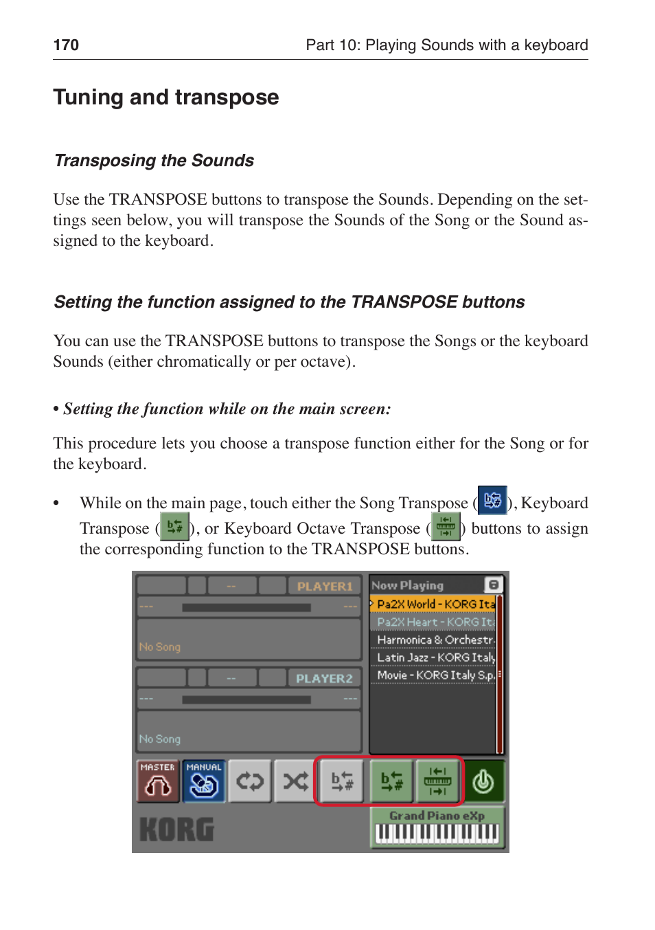 Tuning and transpose | KORG MP-10 PRO User Manual | Page 174 / 252