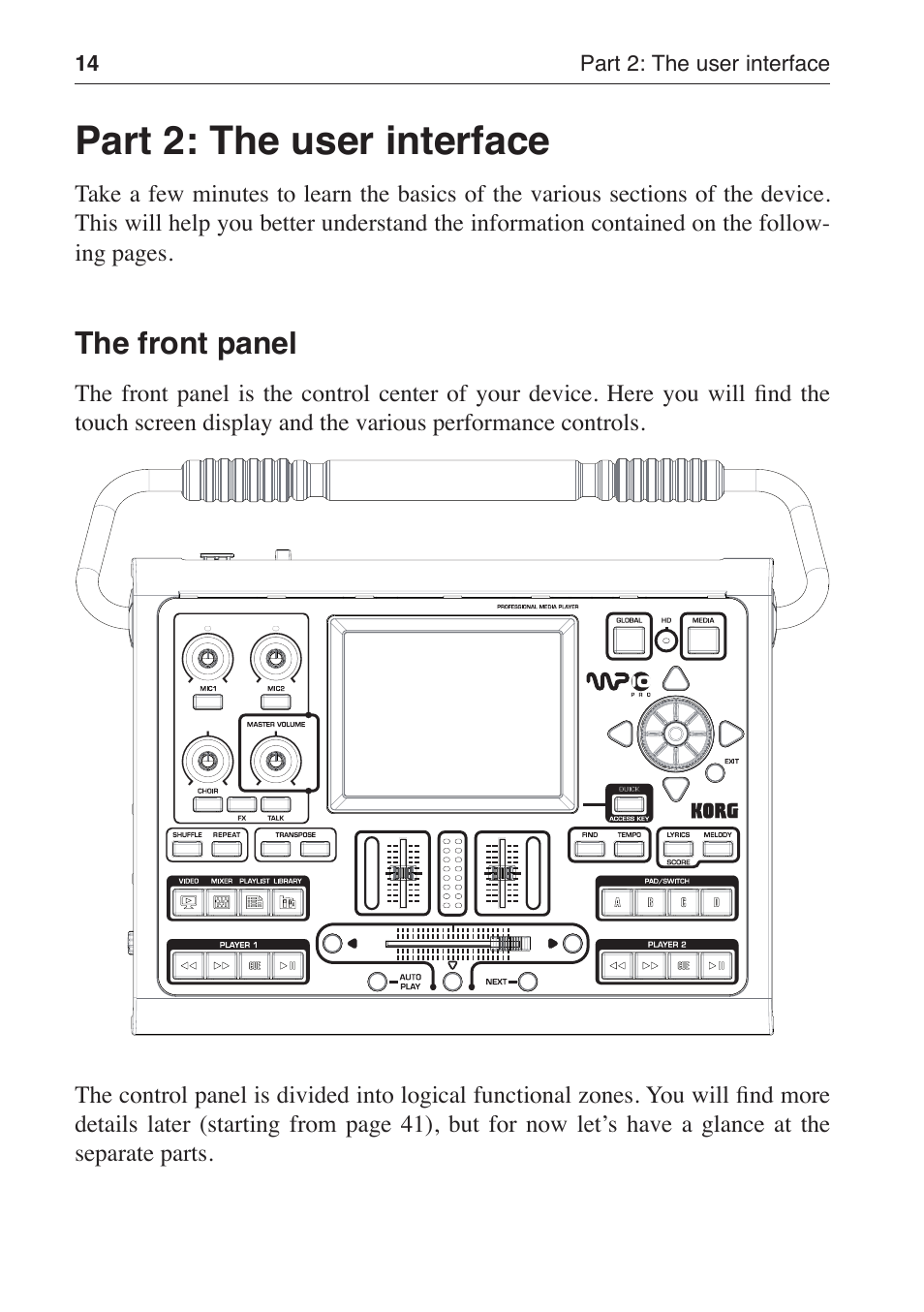 Part 2: the user interface, The front panel | KORG MP-10 PRO User Manual | Page 18 / 252