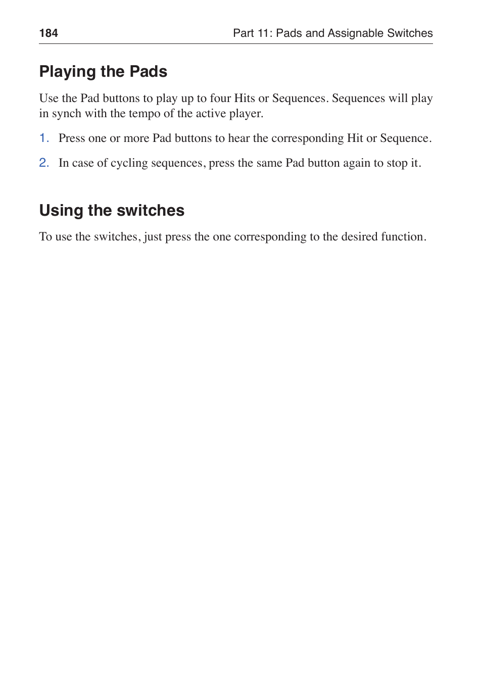 Playing the pads, Using the switches | KORG MP-10 PRO User Manual | Page 188 / 252