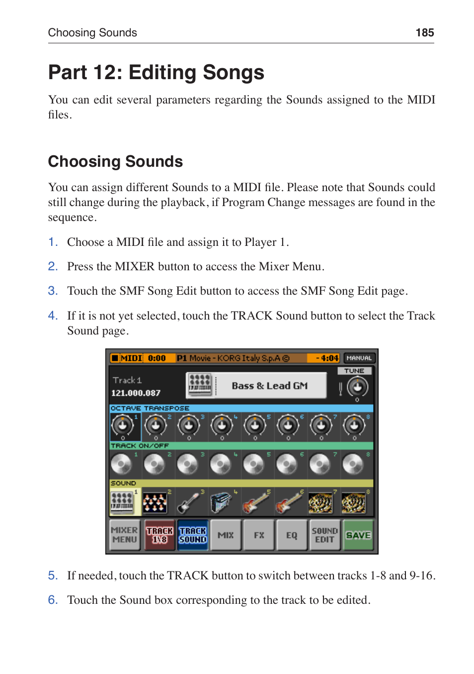 Part 12: editing songs, Choosing sounds | KORG MP-10 PRO User Manual | Page 189 / 252