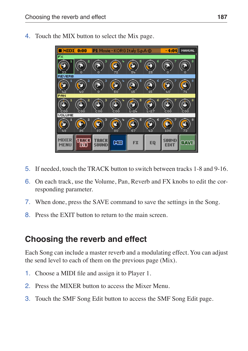Choosing the reverb and effect | KORG MP-10 PRO User Manual | Page 191 / 252