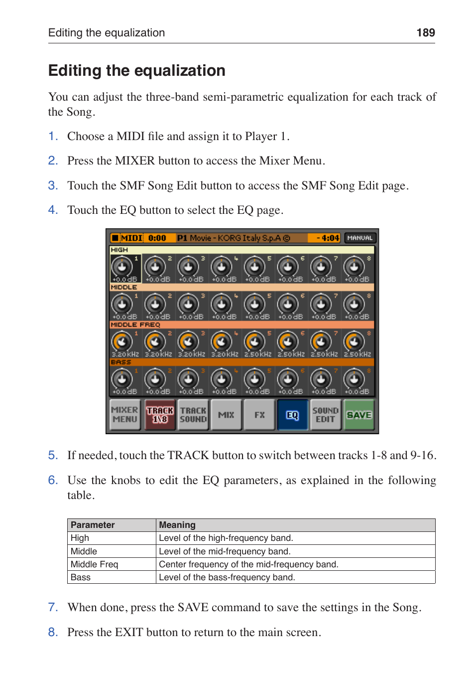 Editing the equalization | KORG MP-10 PRO User Manual | Page 193 / 252