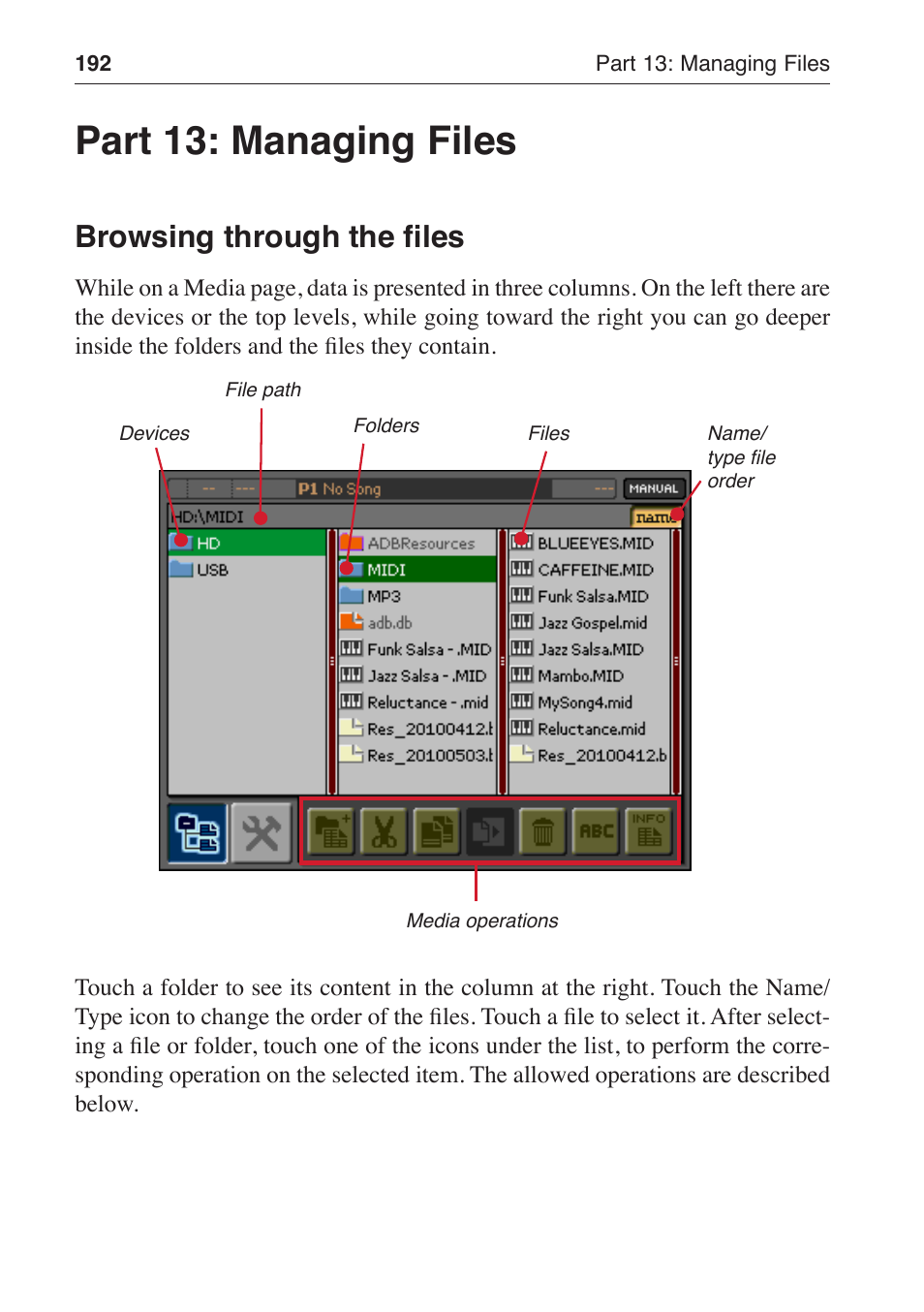 Part 13: managing files, Browsing through the files | KORG MP-10 PRO User Manual | Page 196 / 252