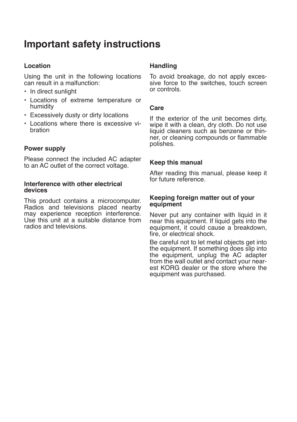 Important safety instructions | KORG MP-10 PRO User Manual | Page 2 / 252