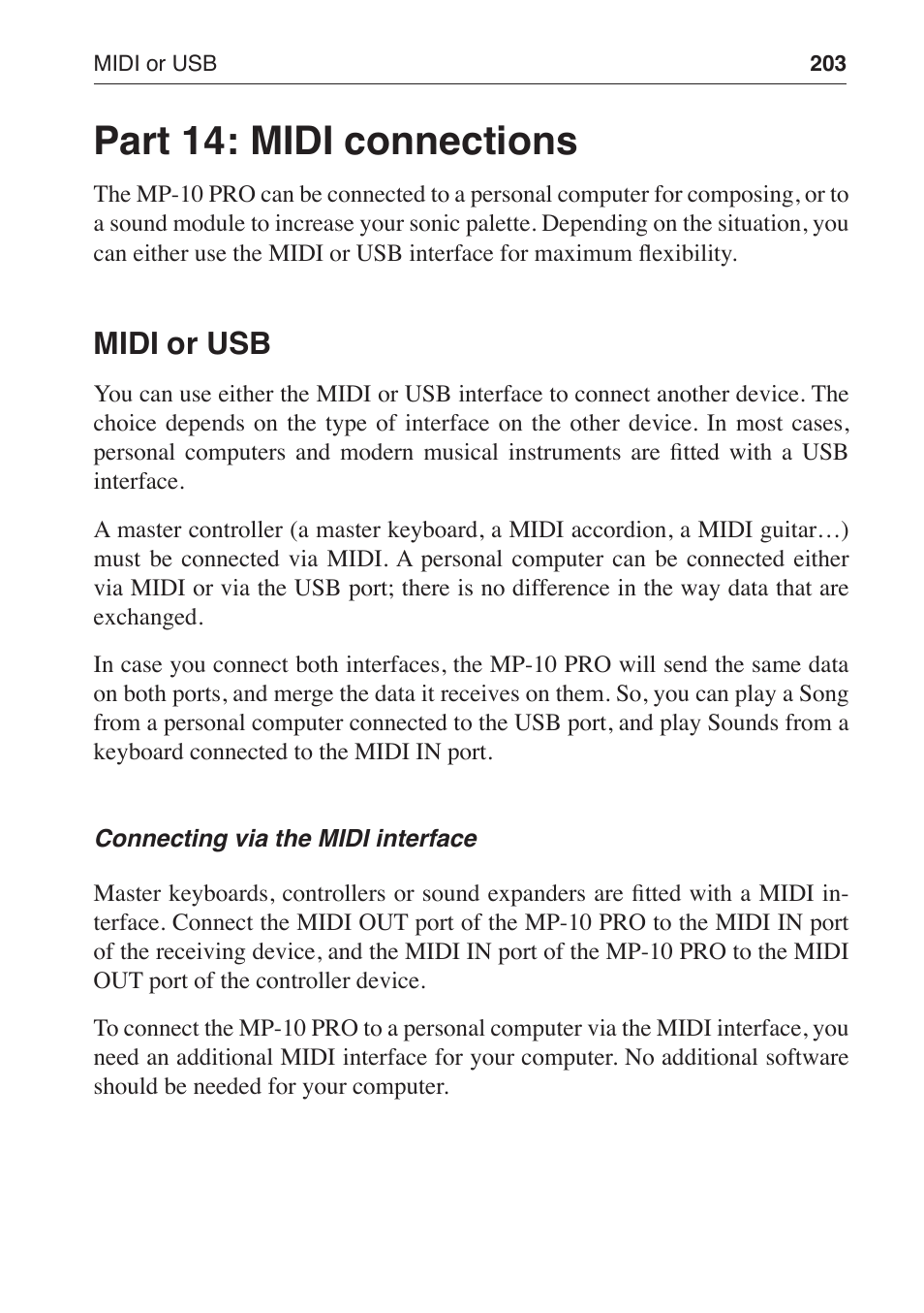 Part 14: midi connections, Midi or usb | KORG MP-10 PRO User Manual | Page 207 / 252