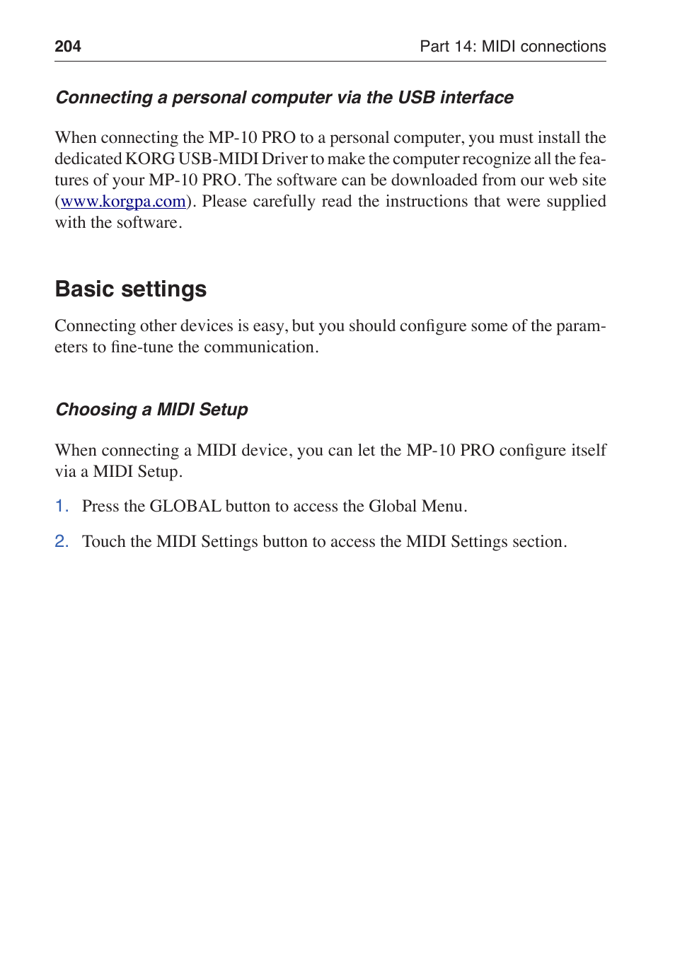 Basic settings | KORG MP-10 PRO User Manual | Page 208 / 252