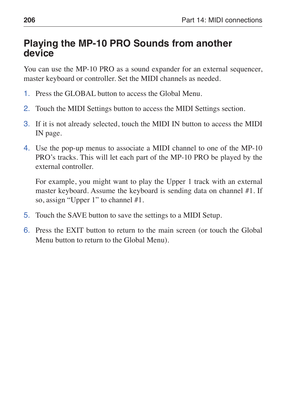 Playing the mp-10 pro sounds from another device | KORG MP-10 PRO User Manual | Page 210 / 252