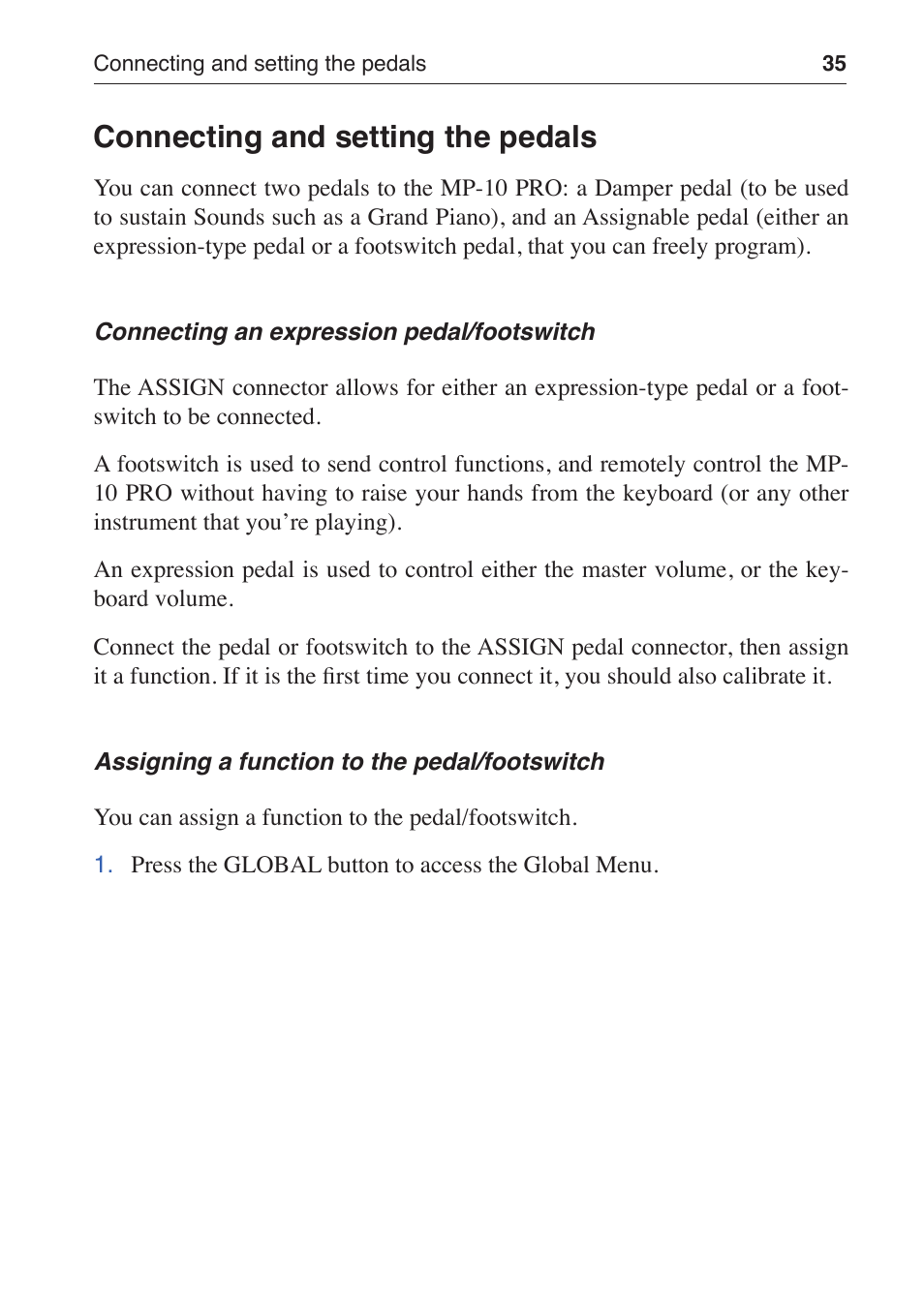 Connecting and setting the pedals | KORG MP-10 PRO User Manual | Page 39 / 252