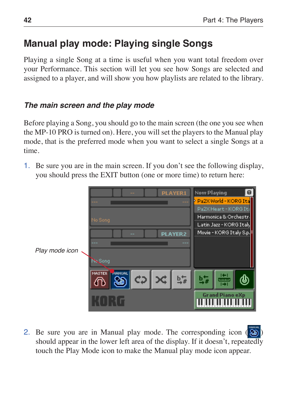 Manual play mode: playing single songs | KORG MP-10 PRO User Manual | Page 46 / 252