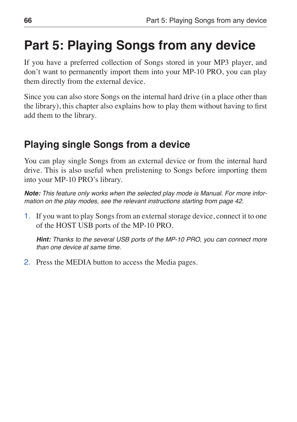 Part 5: playing songs from any device, Playing single songs from a device | KORG MP-10 PRO User Manual | Page 70 / 252