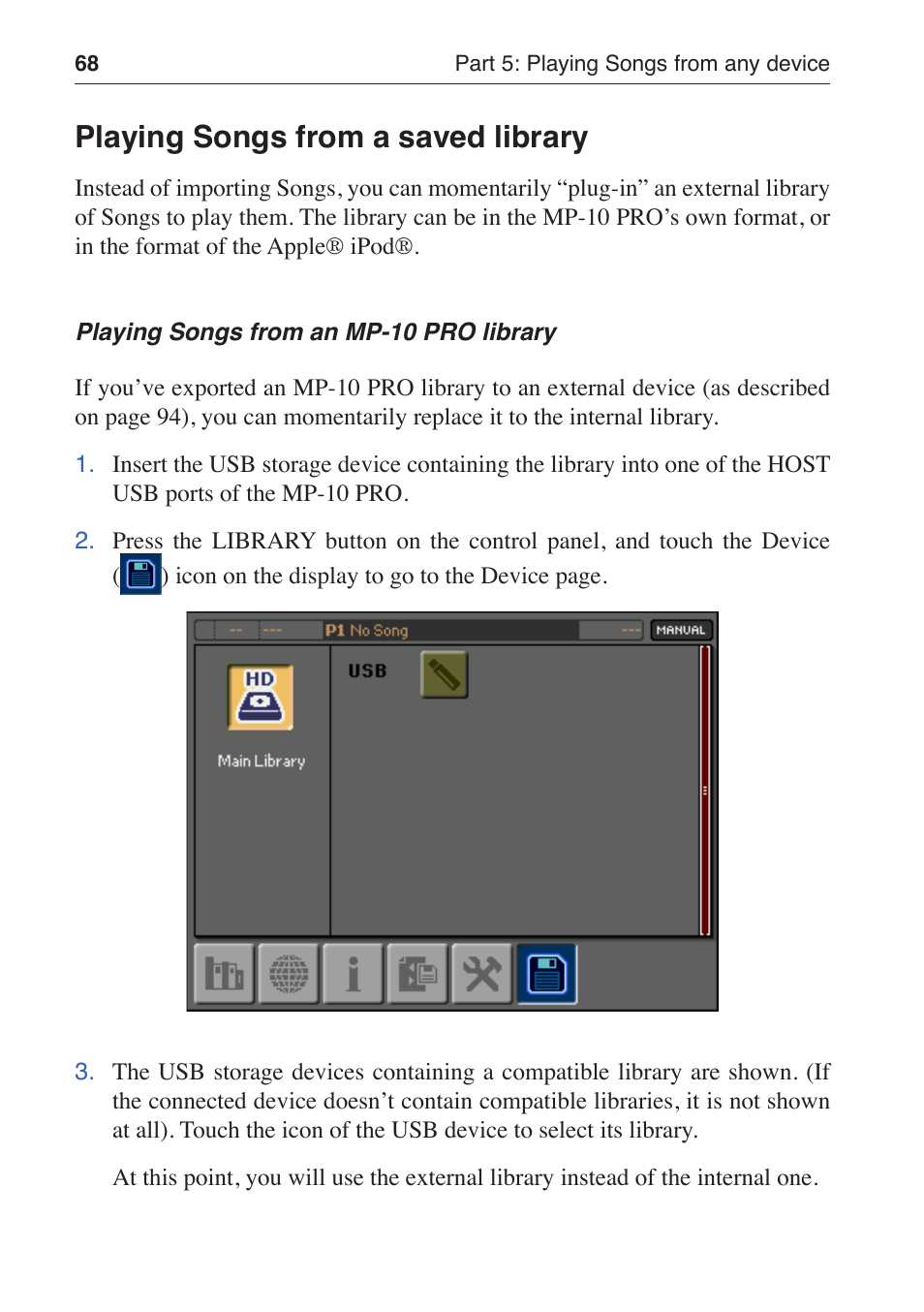 Playing songs from a saved library | KORG MP-10 PRO User Manual | Page 72 / 252