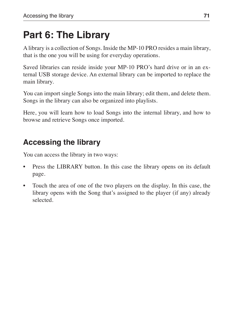 Part 6: the library, Accessing the library | KORG MP-10 PRO User Manual | Page 75 / 252