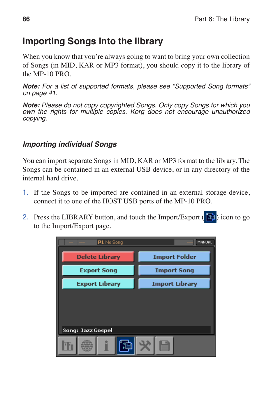 Importing songs into the library | KORG MP-10 PRO User Manual | Page 90 / 252
