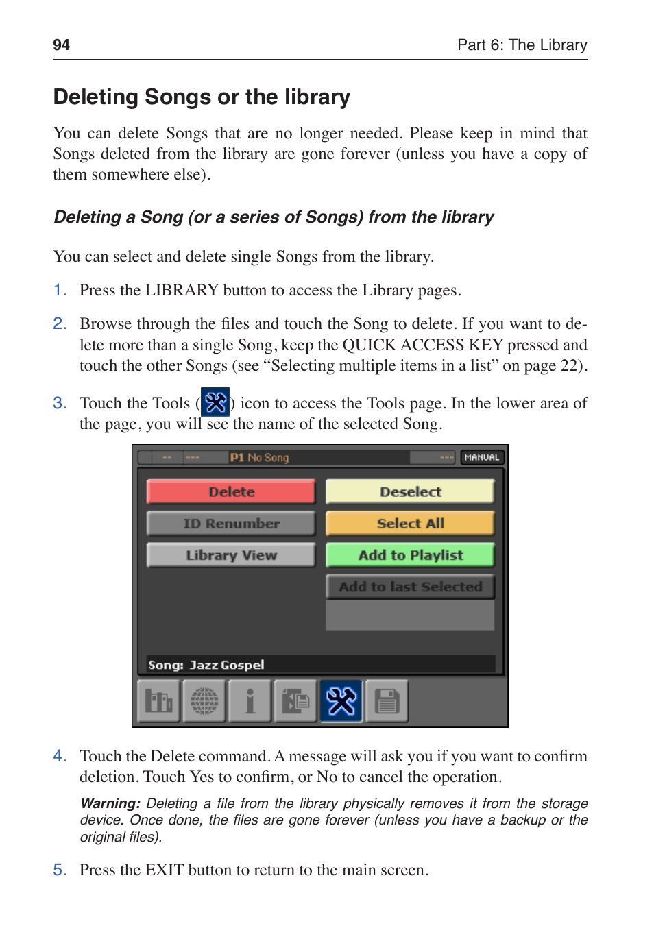 Deleting songs or the library | KORG MP-10 PRO User Manual | Page 98 / 252