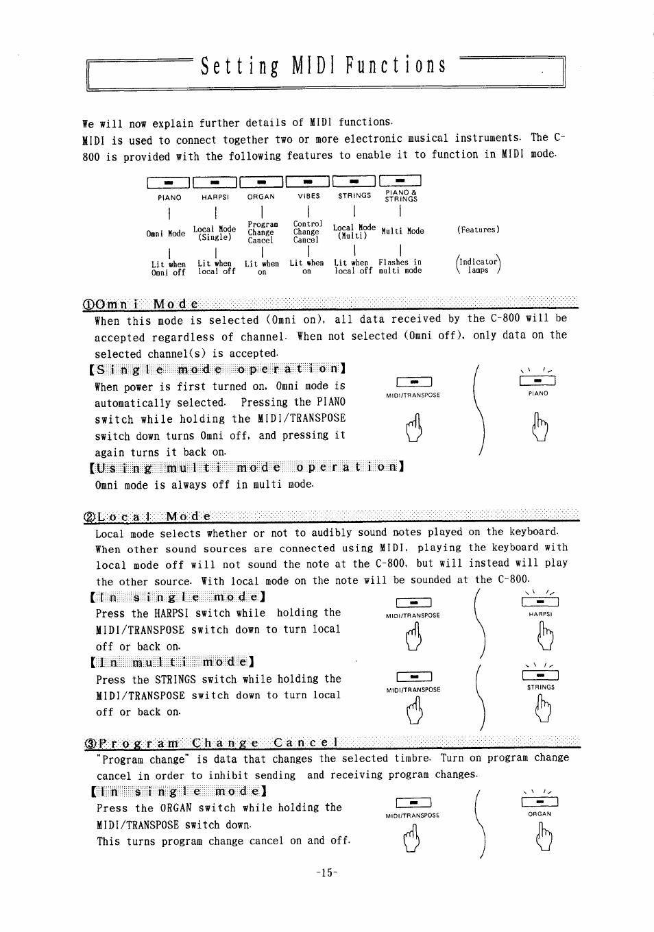 Setting midi functions, Mni mode, Using multi mode operation | Mode, T(d(g:t(a(m/-xg>h->á':n-:g:ot/':g:at | KORG Concert 800 User Manual | Page 16 / 20