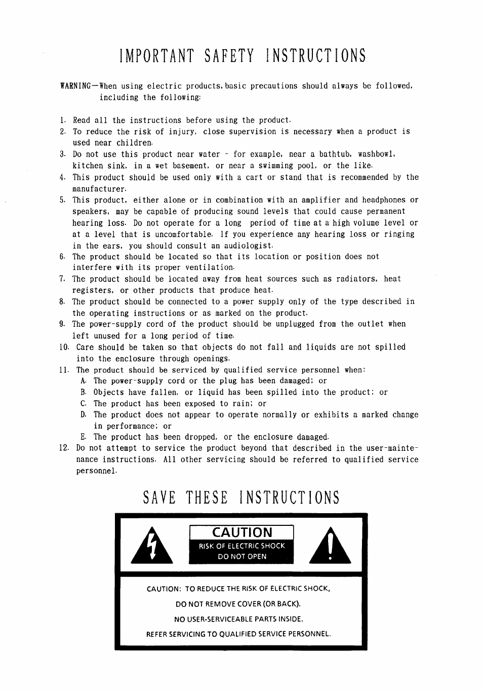 Important safety instructions, Save these instructions, Caution | KORG Concert 800 User Manual | Page 2 / 20