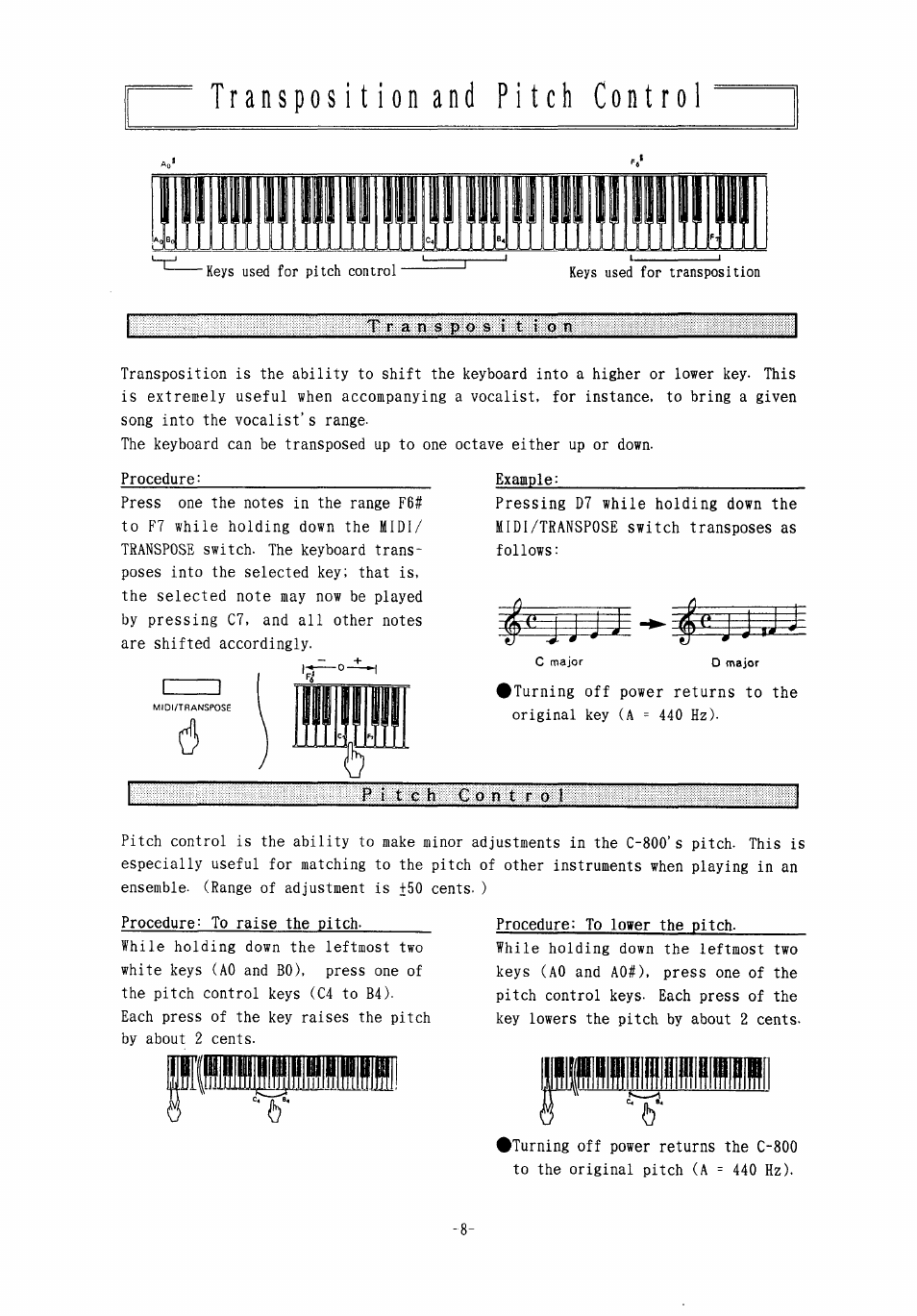 Transposition and pitch control, Pliillliil | KORG Concert 800 User Manual | Page 9 / 20