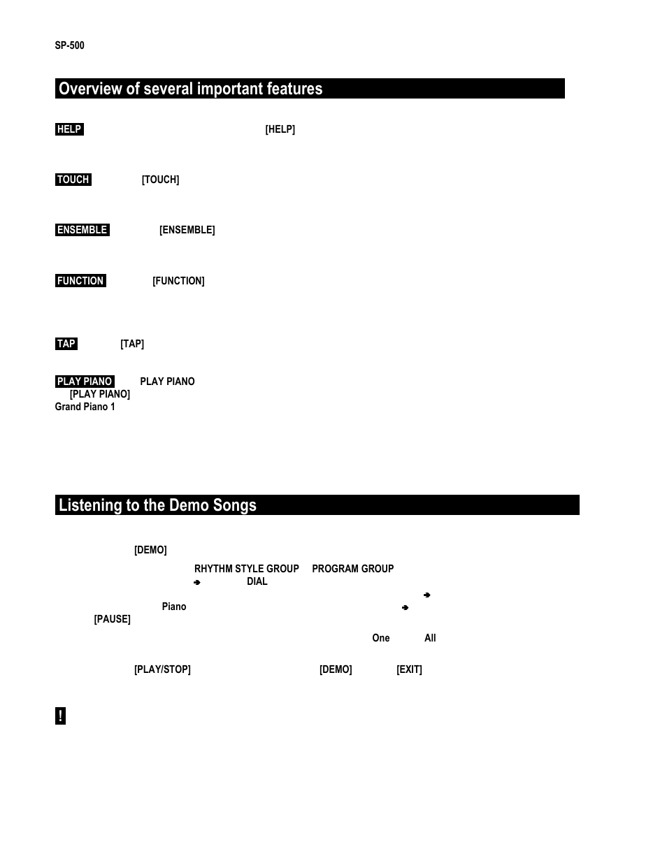 Overview of several important features, Listening to the demo songs | KORG EASY START SP-500 User Manual | Page 2 / 5