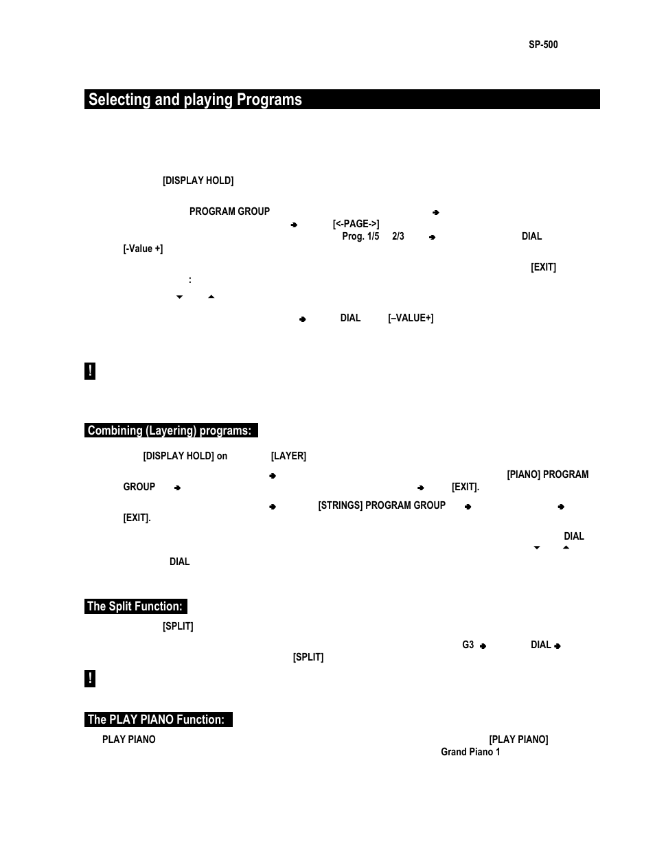 Selecting and playing programs, Combining (layering) programs, The split function | The play piano function | KORG EASY START SP-500 User Manual | Page 3 / 5