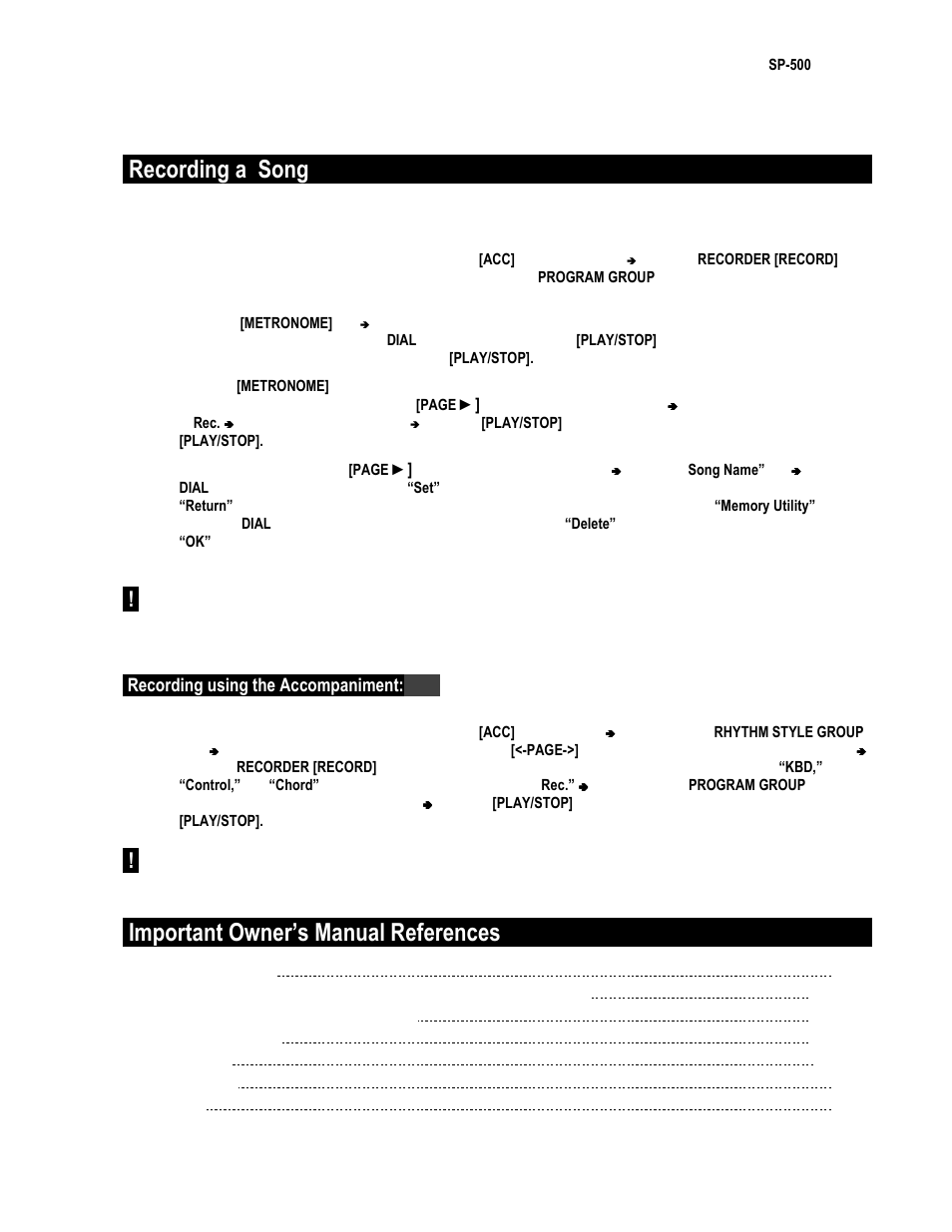 Recording a song, Important owner’s manual references, Recording using the accompaniment | KORG EASY START SP-500 User Manual | Page 5 / 5