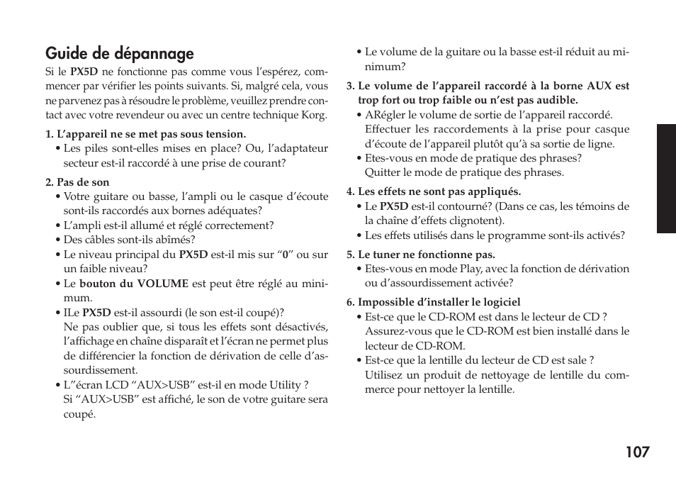 Guide de dépannage | KORG Personal Multi-Effect Processor PX5D User Manual | Page 107 / 164