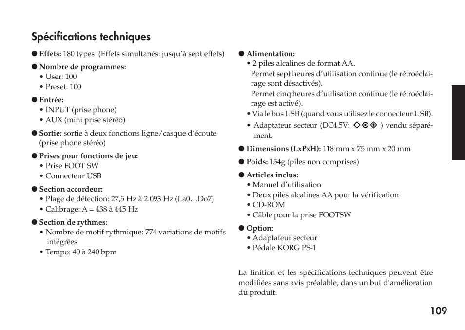 Spécifications techniques | KORG Personal Multi-Effect Processor PX5D User Manual | Page 109 / 164