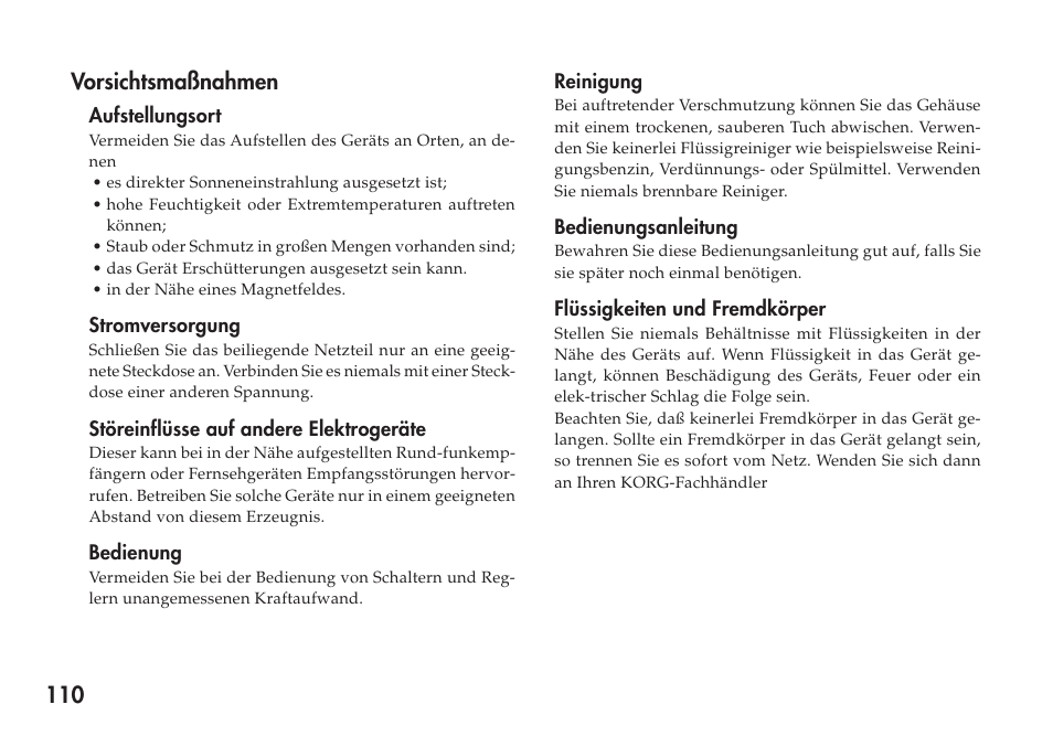 Deutsch, 110 vorsichtsmaßnahmen | KORG Personal Multi-Effect Processor PX5D User Manual | Page 110 / 164