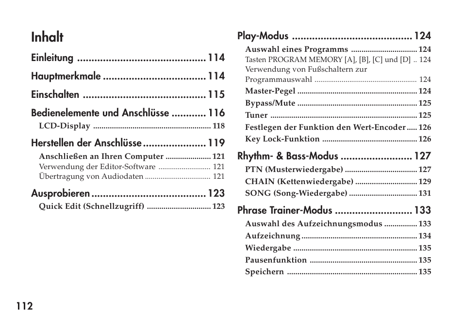 Inhalt | KORG Personal Multi-Effect Processor PX5D User Manual | Page 112 / 164