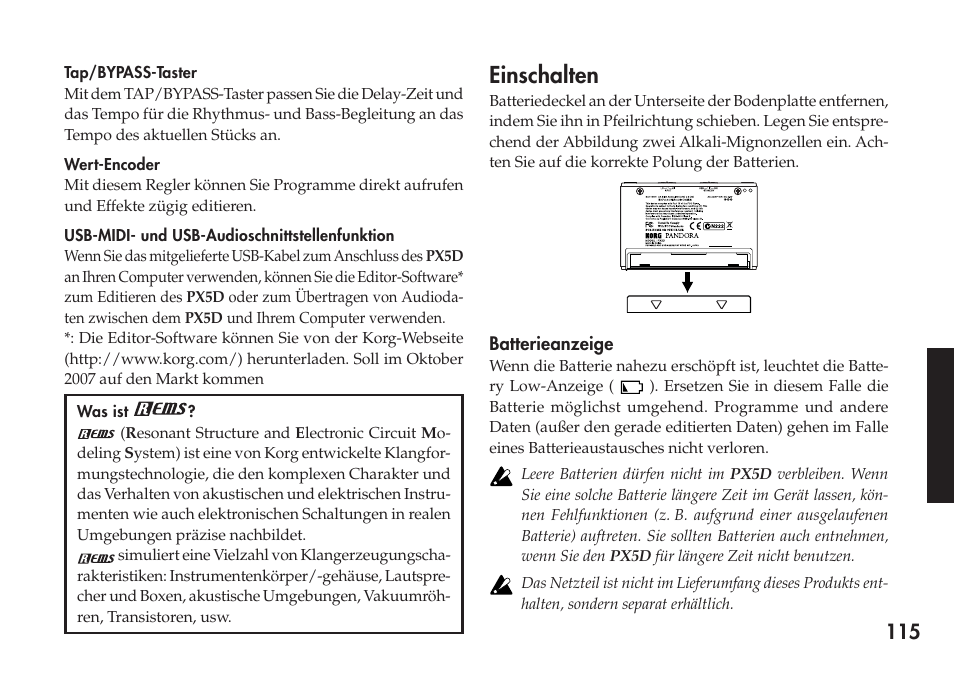 Einschalten | KORG Personal Multi-Effect Processor PX5D User Manual | Page 115 / 164