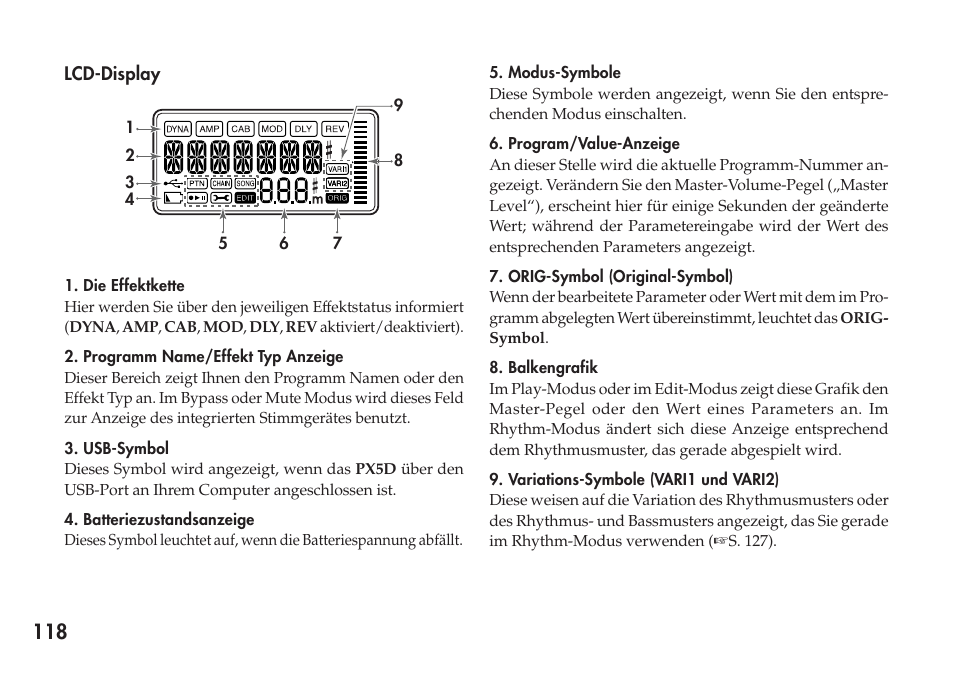 Lcd-display | KORG Personal Multi-Effect Processor PX5D User Manual | Page 118 / 164