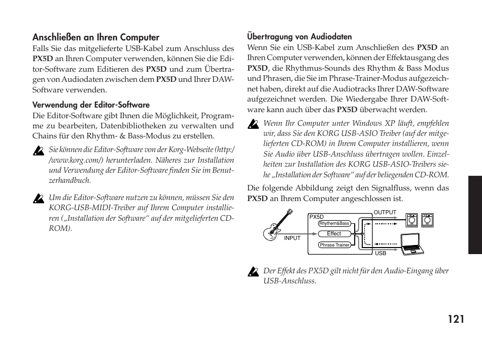 Anschließen an ihren computer, Verwendung der editor-software, Übertragung von audiodaten | KORG Personal Multi-Effect Processor PX5D User Manual | Page 121 / 164