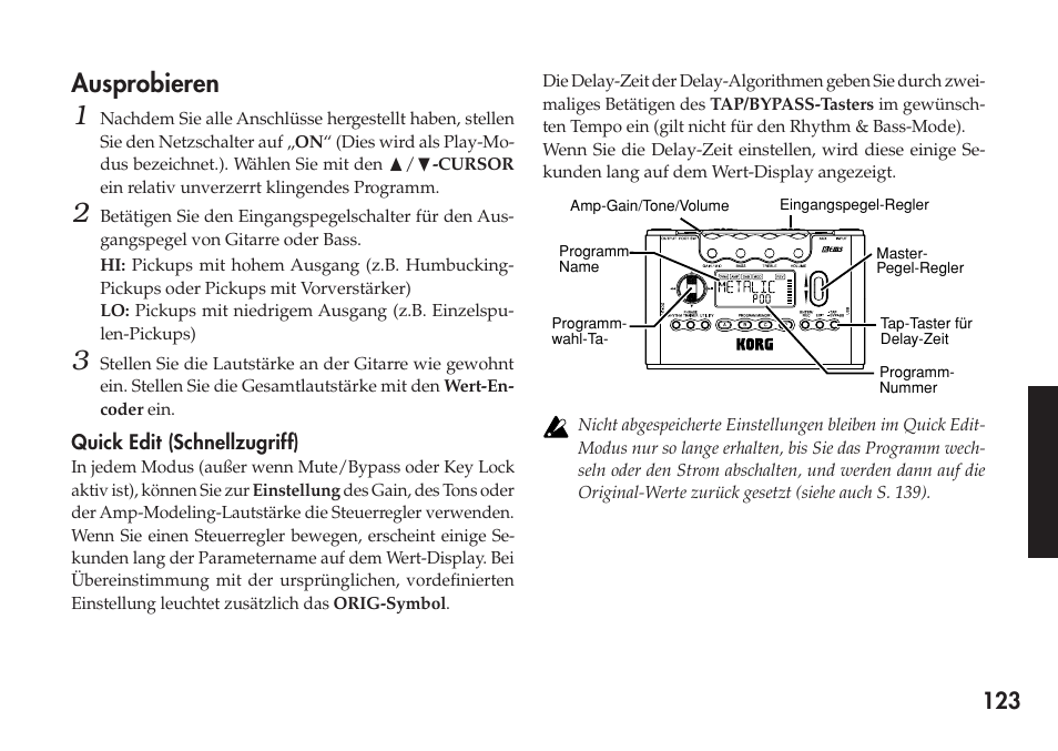 Ausprobieren, Quick edit (schnellzugriff), Play-modus | KORG Personal Multi-Effect Processor PX5D User Manual | Page 123 / 164