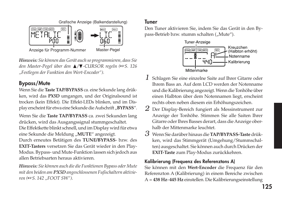 Bypass/mute, Tuner, Bypass/mute tuner | KORG Personal Multi-Effect Processor PX5D User Manual | Page 125 / 164