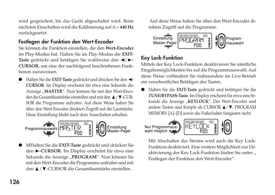 Festlegen der funktion den wert-encoder, Key lock-funktion, Rhythm- & bass-modus | KORG Personal Multi-Effect Processor PX5D User Manual | Page 126 / 164