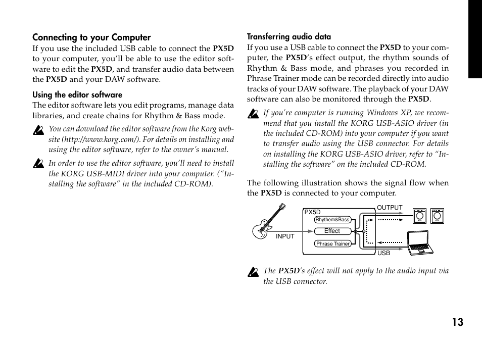 Connecting to your computer, Using the editor software, Transferring audio data | Using the editor software transferring audio data | KORG Personal Multi-Effect Processor PX5D User Manual | Page 13 / 164