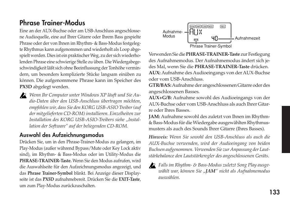 Phrase trainer-modus, Auswahl des aufzeichnungsmodus | KORG Personal Multi-Effect Processor PX5D User Manual | Page 133 / 164