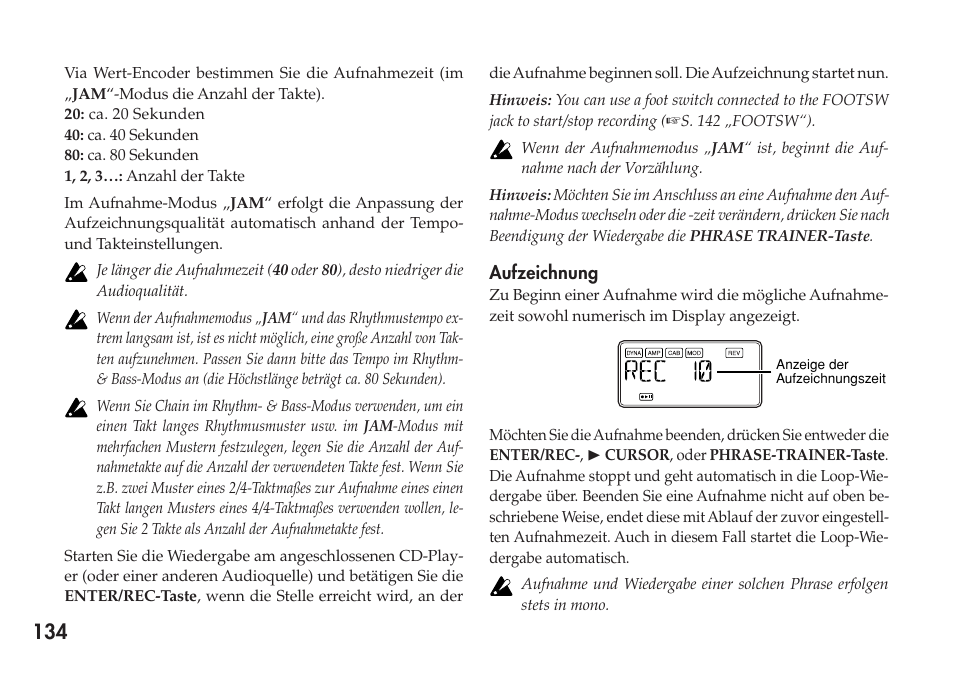 Aufzeichnung, Aufzeichnung wiedergabe | KORG Personal Multi-Effect Processor PX5D User Manual | Page 134 / 164