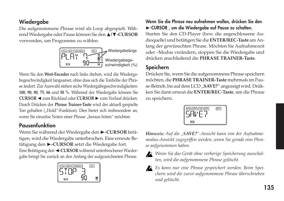 Wiedergabe, Pausenfunktion, Speichern | Pausenfunktion speichern, Edit-modus | KORG Personal Multi-Effect Processor PX5D User Manual | Page 135 / 164