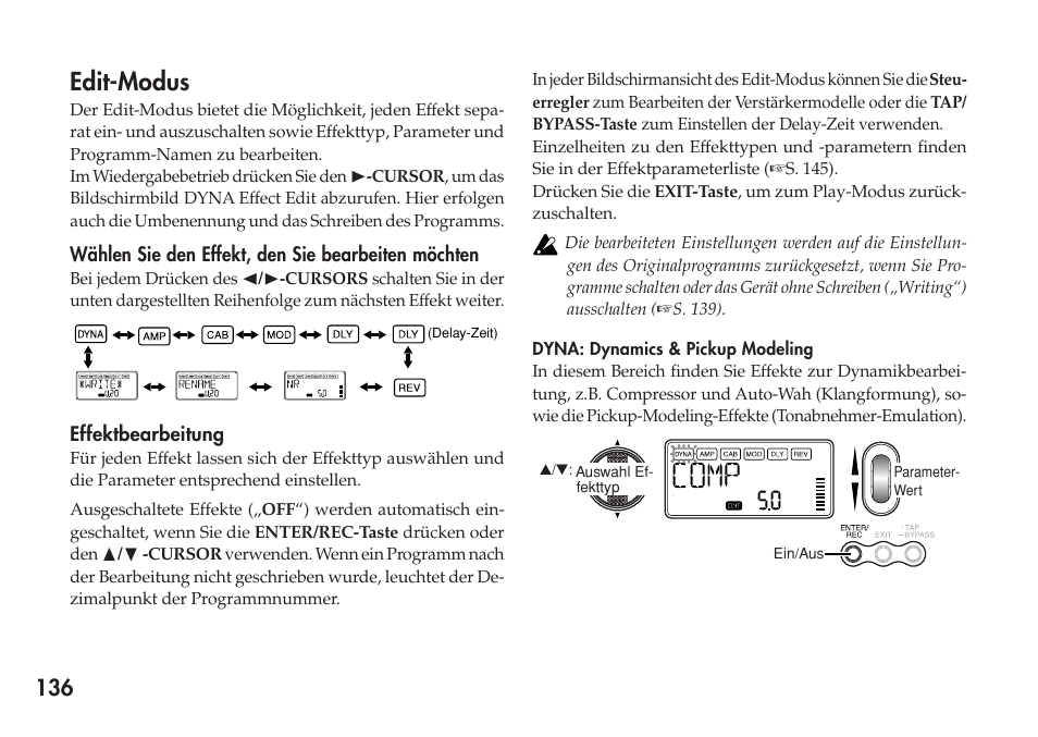 Edit-modus, Wählen sie den effekt, den sie bearbeiten möchten, Effektbearbeitung | Dyna: dynamics & pickup modeling, Dyna: dynamics & pickup modeling amp: amp modeling | KORG Personal Multi-Effect Processor PX5D User Manual | Page 136 / 164