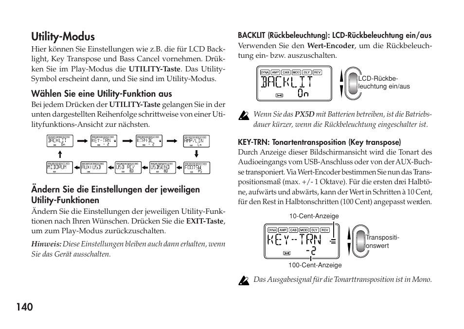 Utility-modus, Wählen sie eine utility-funktion aus, Key-trn: tonartentransposition (key transpose) | KORG Personal Multi-Effect Processor PX5D User Manual | Page 140 / 164