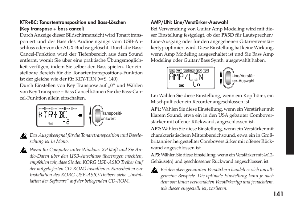 Amp/lin: line/verstärker-auswahl | KORG Personal Multi-Effect Processor PX5D User Manual | Page 141 / 164
