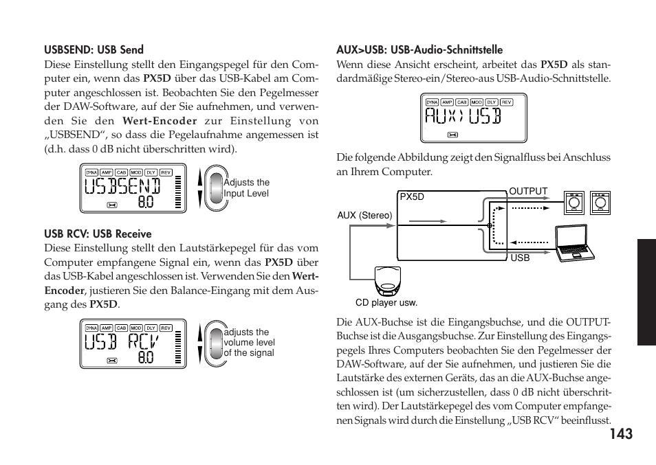 Usbsend: usb send, Usb rcv: usb receive, Aux>usb: usb-audio-schnittstelle | KORG Personal Multi-Effect Processor PX5D User Manual | Page 143 / 164
