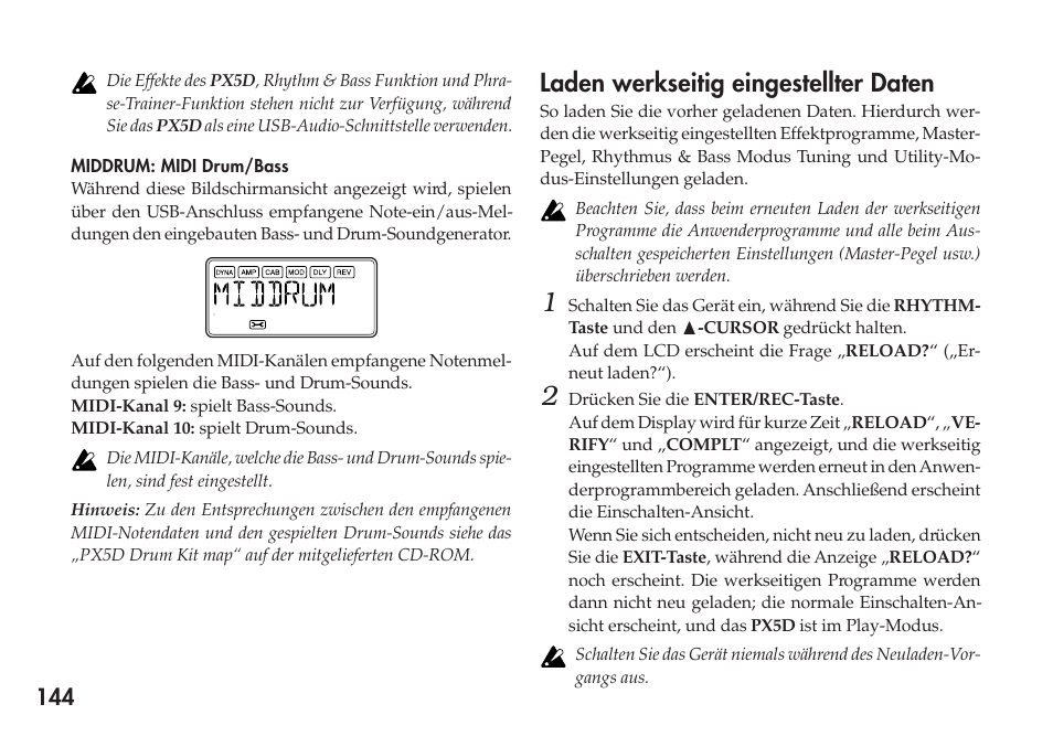 Middrum: midi drum/bass, Laden werkseitig eingestellter daten, Effektparameterliste | KORG Personal Multi-Effect Processor PX5D User Manual | Page 144 / 164