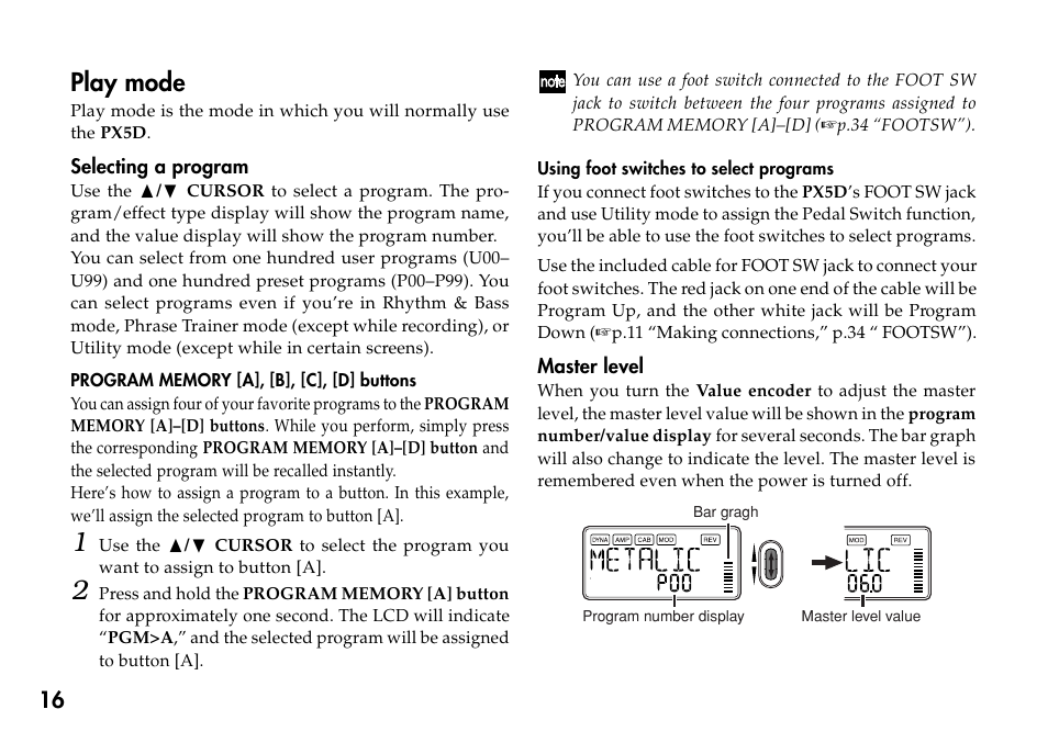 Play mode, Selecting a program, Program memory [a], [b], [c], [d] buttons | Using foot switches to select programs, Master level | KORG Personal Multi-Effect Processor PX5D User Manual | Page 16 / 164